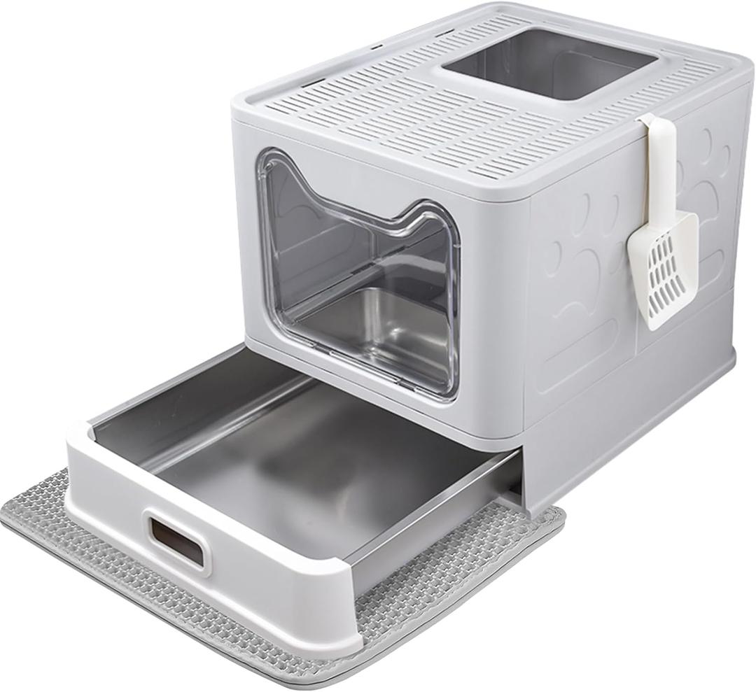 Enclosed Cat Litter Box with Lid Top Exit Covered Metal Stainless Steel Litter Box Leak Proof & Odorless Easy to Clean Including Cat Litter Scoop and Litter Mat (One Size, Gray)