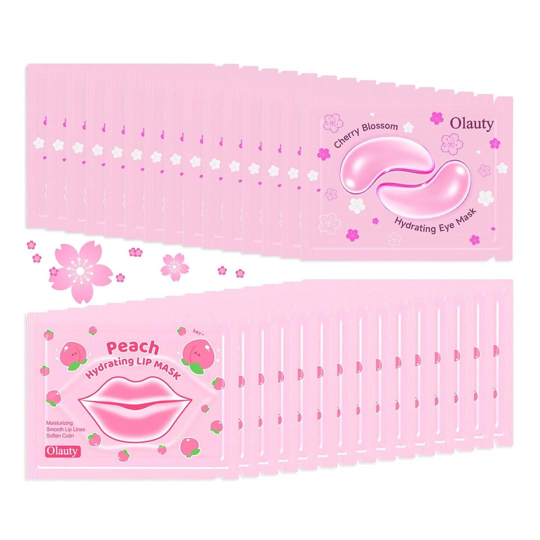 30 Pairs Lip Mask & Under Eye Patches, Pink Collagen Eye Mask Pads, Lip Mask Skincare, Bachelorette Party Favors, Mother's Day Gifts, Teacher Appreciation Gifts, Bulk Gifts for Women, Small Gifts (Cherry Blossom & Peach)