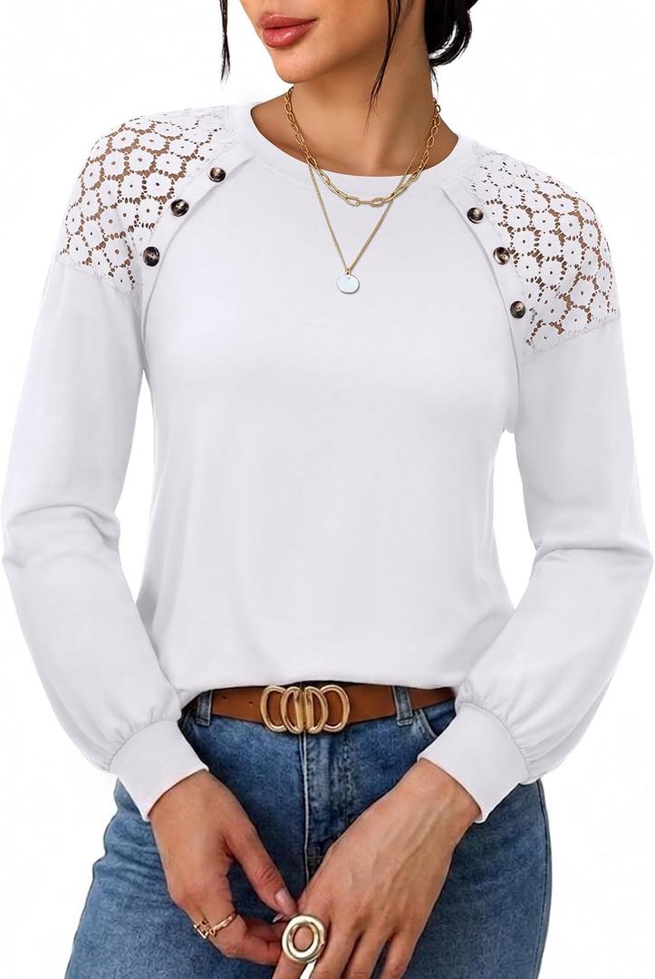 siliteelon Lace Long Sleeve Tops Dress Shirt Womens Crew Neck Loose Dressy Blouse Business Casual Work Summer 2026 White (L)