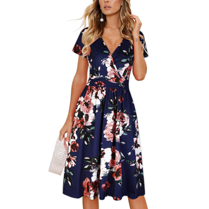 OUGES Women's Summer Short Sleeve V-Neck Floral Short Party Dress with Pockets, XL