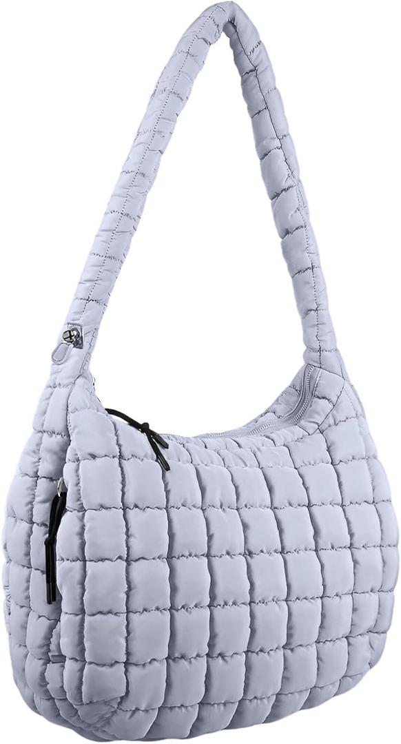 Quilted Puffer Tote Bag Large Crossbody Shoulder Bag Nylon Puffy Bubble Bag with Adjustable Shoulder Strap (Gray)