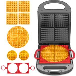 Baker's Friend Multi Shapes Waffle Iron, A Combo of Mini Waffle Maker, American Classic Waffle Maker, Belgian Waffle Machine Thick & Chaffle Maker, Waflera Electrica, With 2 Silicone Molds, Graphite