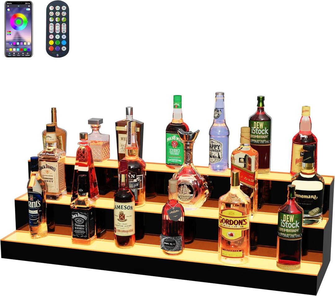 MESAlLUP 40 Inch 3 Tier Lighted Liquor Bottle Display Shelf, LED Bar Shelves with APP or Remote Control, Mulit Color Lighting for Home Mini Bars Decor, Restaurants & Party Use, Acrylic Stand