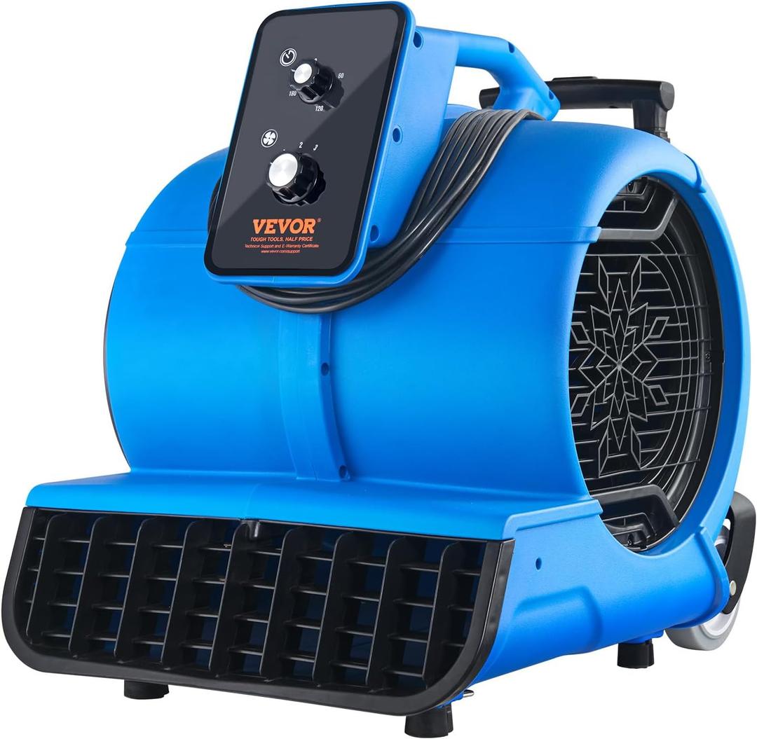 VEVOR Floor Blower, 1560 RPM 4000 CFM, Air Mover for Drying and Cooling, Portable Carpet Dryer Fan with 3 Blowing Angles, Timer, 3-Speeds Adjustment, for Janitorial, Home, Commercial Use (490 x 400 x 480 mm)