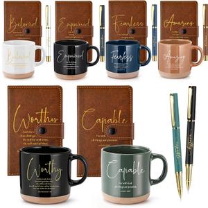 Potchen 18 Pcs 18 Pcs Christian Fathers Day Church Gift 13oz Bible Verse Ceramic Coffee Mugs with Leather Journal Pen Inspirational Religious Gift for Male Teacher Nurse Pastor (Bible,Neutral Brown)