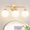 Mid Century Brushed Brass Wall Sconce, Modern Gold 3-Lights Vanity Light Fixtures with Milky White Glass Ball Shades, Lighting Fixtures over Mirror, Wall Sconces for Bathroom Dressing Table Bedroom
