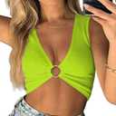 Sexy Crop Tops for Women Sleeveless Deep V Neck Workout Tops Plunge Ring Cleavage Cropped Tank Top (Green, L)