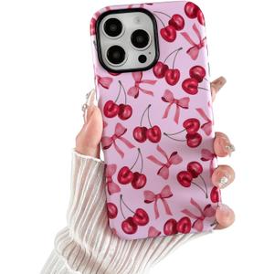 Compatible with iPhone 16 Pro Case,Cute Pink Cherry Bow Pattern with Shockproof Slim Soft TPU and Hard PC Protective Cover for Women Designed for iPhone 16 Pro Case (Frosted)
