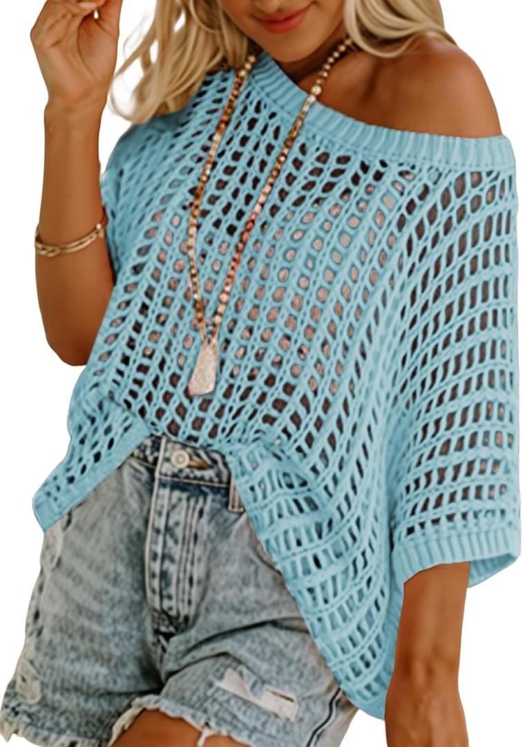 Dokotoo Womens Summer Scoop Neck Short Sleeve Sweater Casual Crochet Hollow Out Knit Tops Pullover Shirts Beach Coverup (X-Large, Light Blue)