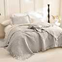 Lady Ann Queen Size Bedspread Set 102 * 118, Linen Feel Stone-Washed Ruffled Quilted Coverlet, 3 Pcs Crinkled Quilt Set Shabby and Chic Blanket Farmhouse Rustic Bedding Set Lightweight