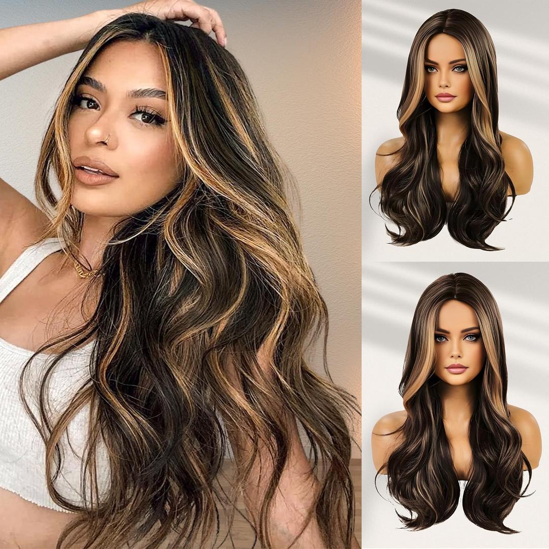 Brown Blonde Highlight Wigs for Women 26 Inch Long Curly Synthetic Wigs Middle Part Blonde Highlights Hair Wigs Loose Wavy wig Heat Resistant