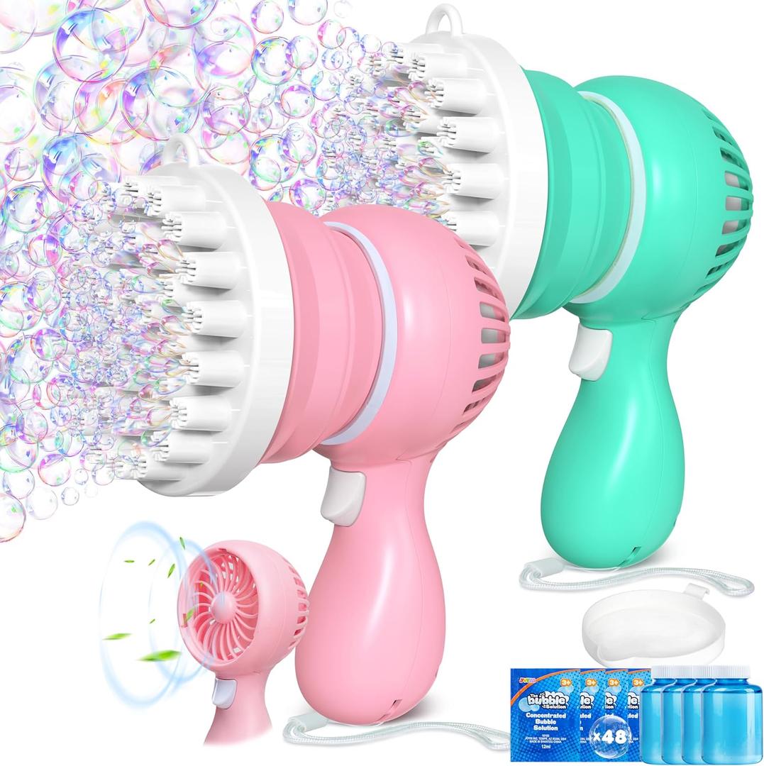 Sloosh 2 PCS Tape-C Charging Bubble Gun Toy for Ages 3-8 Boys Girls with Removable Fan, Bubble Solution, Bubble Machine Gun for Kids, Adults, Summer Toys, Party Favors, Easter, Birthday Gift, Outdoor