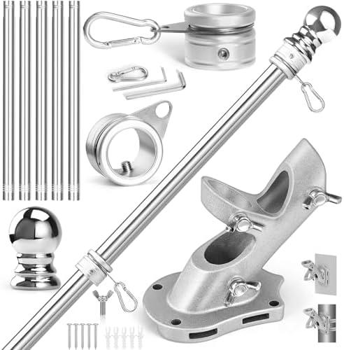 Anovo Flag Pole Kit- Stainless Steel 6 FT Flag Poles with1 Inch Metal 360° Rotating Flag Pole Rings Clip, Two-Position Flag Pole Holder Brackets Mounting for Outside House Outdoor Porch (6 FT-Sliver)