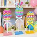 Easter Decorations for Home,3Pcs Egg Shaped Wooden Table Centerpiece Signs with Rabbit EarColorful Easter Egg Tiered Tray Decor for Home Farmhouse Kitchen Decorations