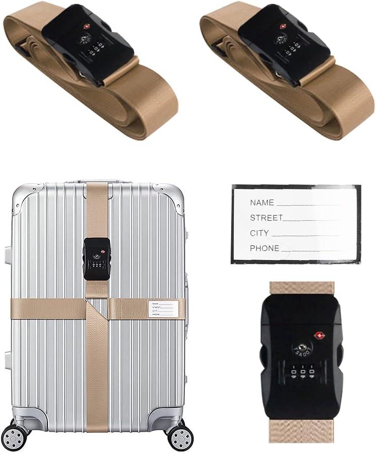 Veki Cross Luggage Straps Set TSA Approved with Lock Adjustable Travel Suitcase Belts Suitcase Tags with Name ID Card Packing Straps for Suitcases Strap Travel Accessories (Khaki*2pcs)