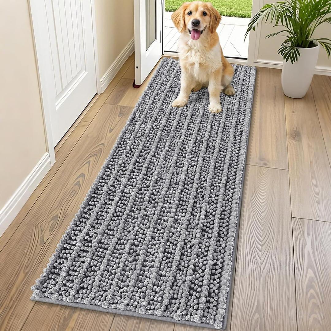 Smiry Dog Door Mat for Muddy Paws 70x24, Extra Soft Absorbent Chenille Doormat, Trap Moisture and Dirt, Non-Slip Machine Washable Front Door Mat for Indoor Entrance Inside Floor, Grey