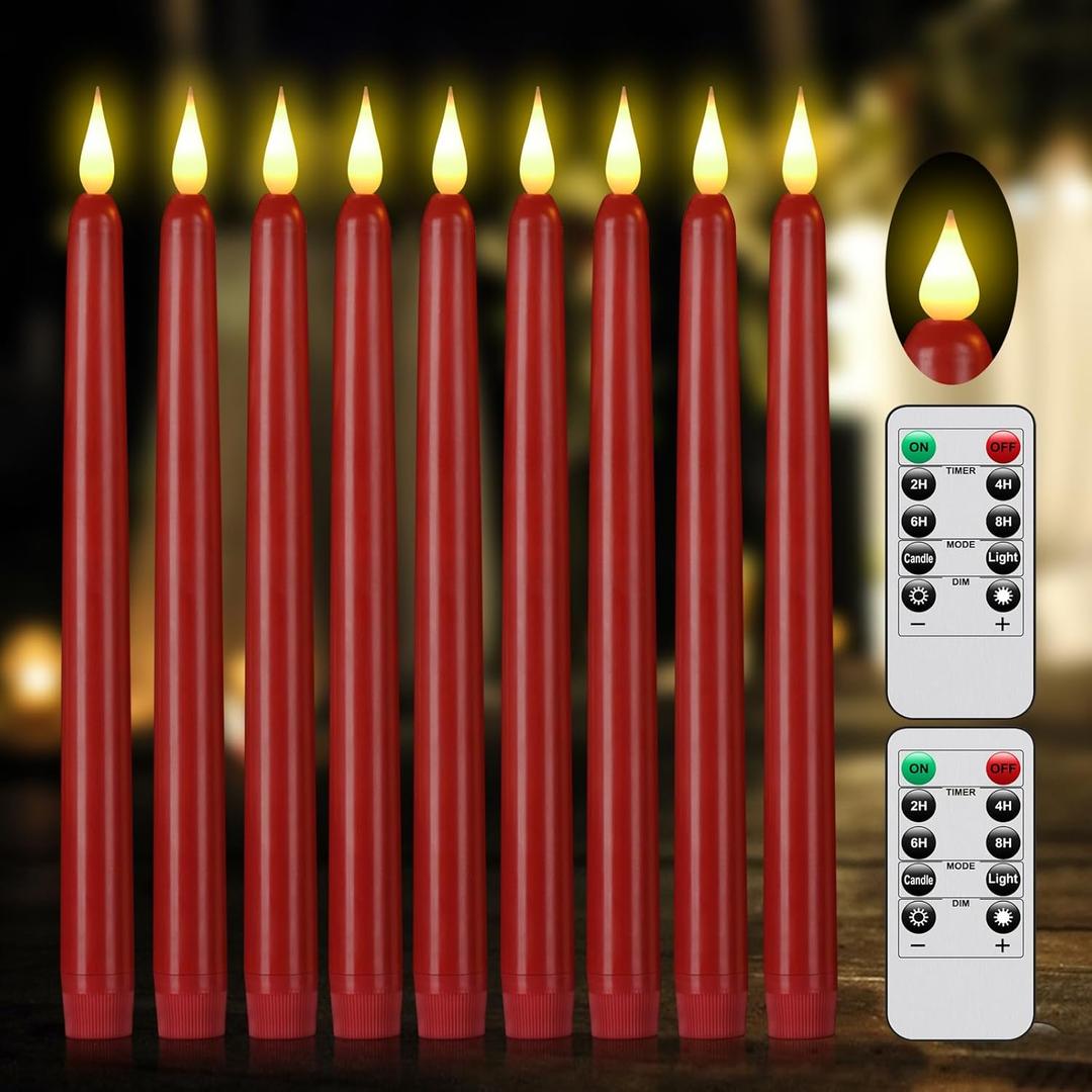 Flameless Taper Candles with Remote Control,9PACK Plastic LED Candle, Flickering Battery Operated, 9.2'Classic Tall Candles for Wedding, Party,Christmas,Home Decor (Red)