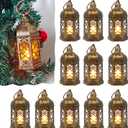 Mini Lantern Decorative, 12Pcs Small Lanterns with LED Candle, Ramadan Decorations, Hanging Vintage Moroccan Lantern Bulk for Easter Wedding Xmas Party Table Centerpiece, Brushed Brass