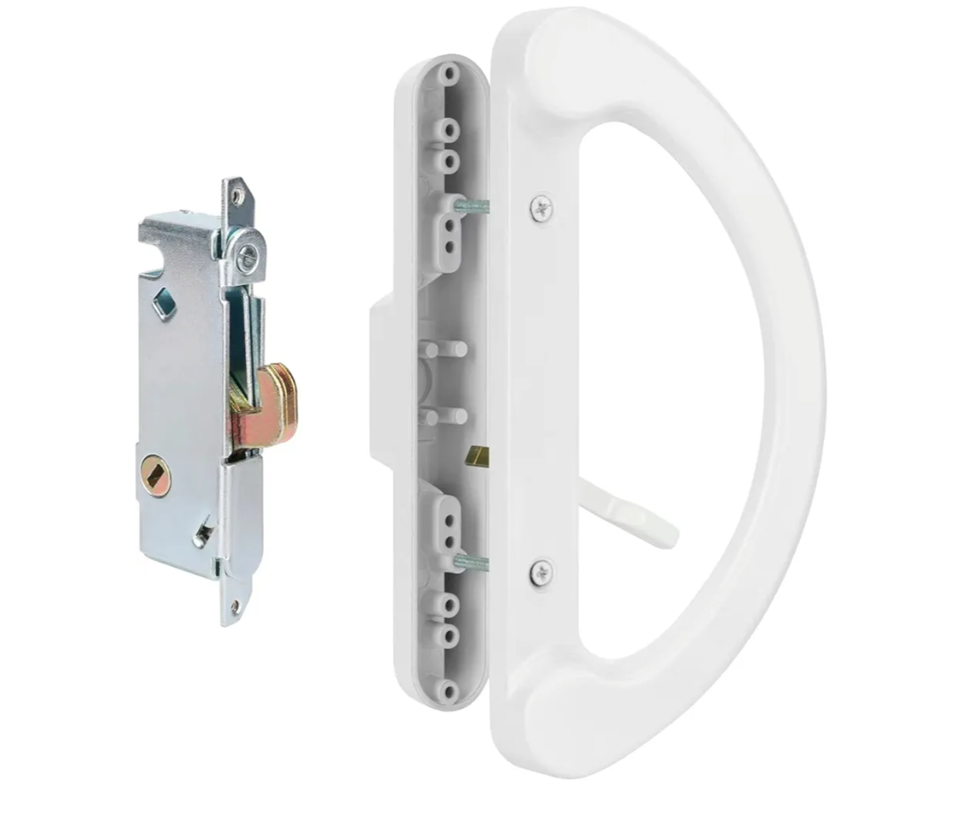 Patio Door Handle Set with Mortise Lock 45° for Replacement Mortise Style Reversible Design Non-keyed Sliding Patio Glass Door Handles, Fits 3-15/16” Screw Hole Spacing White Finish