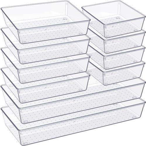 Criusia Drawer Organizer, 10 Pack Large Clear Plastic Set, 3 Size Versatile Bathroom and Vanity Organizer Trays, Storage Bins for Makeup, Bedroom, Kitchen Utensils
