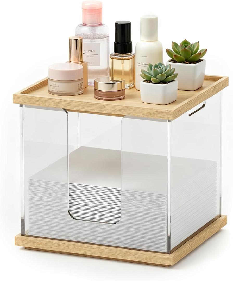 Disposable Face Towel Holder Box, Acrylic Facial Container for XL Clean Skin Club Towels, Large Face Storage with Wood Base and Wood Lid for Bathroom Vanity Countertop, Clear