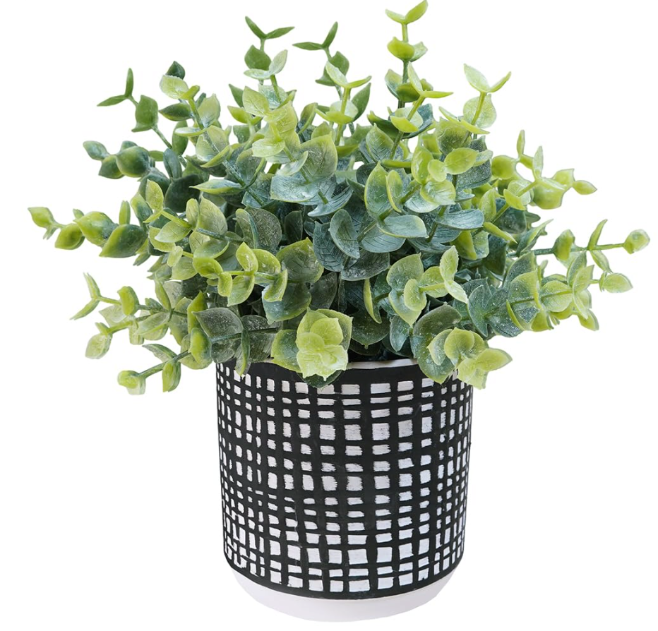 Winlyn Small Faux Potted Plants Artificial Eucalyptus Plant in Chic Gray Geometric Ceramic Pot 7.9" Tall for Modern Home Table Mantel Shelf Office Desktop Greenery Centerpiece Decorations