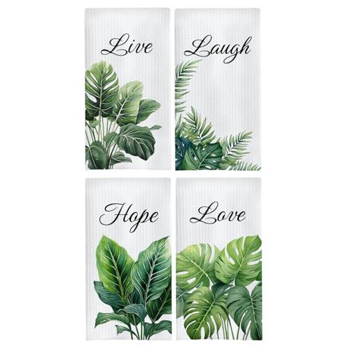 GOOZHO Tropical Botanical Bathroom Hand Towels, Green Plant Live Laugh Love Hope Decorative Hand Towels for Bathroom Washroom Gym Spa Yoga Room Decor, 16x24 Inches Set of 4