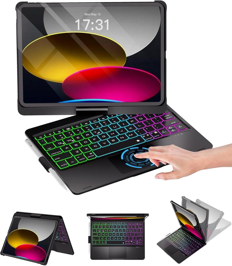 Baisla iPad 10th Generation Case with Keyboard 10.9" & iPad 11th (A16) & iPad Air 11 (M3/M2), Multi Trackpad, 360 Swivel & Rainbow Backlit for iPad Air 5th/4th,iPad Pro 11 4th/3rd/2nd/1st - Black
