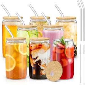 sungwoo 8PCS Glass Cups with Bamboo Lids and Straws, 16OZ Ice Coffee Cup, Drinking Cup set with Wooden Lids, Home Essential Glass Tumblers for Beer, Cocktail, Tea and Latte Clear