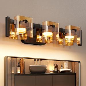 JACKYLED Bathroom Light Fixture, Modern 3-Light Vanity Lights with Art Glass Shades, 3 Color Temperatures LED Bathroom Lighting Fixture Over Mirror, 20W 1200 Lumen 30 Adjustable, Amber Glass