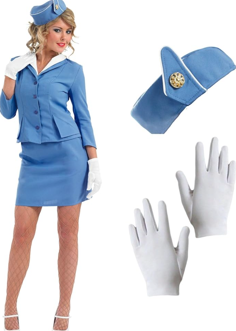 fun shack Flight Attendant Costume Women Blue, Retro Airline Stewardess Outfit for Women, Vintage Stewardess Attire, S