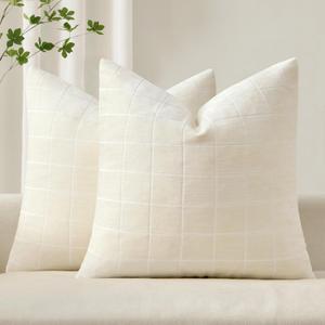 MIULEE Decorative Chenille Check Throw Pillow Covers Vintage Plaid Couch Pillows 18x18 Inch Set of 2 Neutral Boho Farmhouse Cushion Covers Modern Spring Home Decor for Sofa Bed Living Room Cream