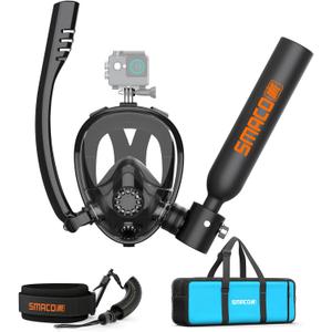 SMACO Mini Scuba Tank with Full Face Mask Reusable 0.5L Diving Tank with Snorkel Mask Portbale Pony Bottle with Hand Pump for Shallow Water Diving Emergency Rescue