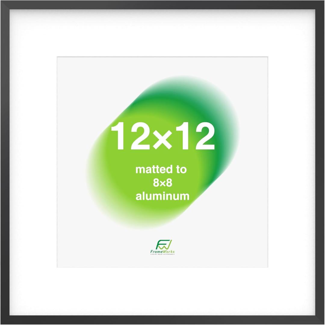 FrameWorks 12x12 Matted to 8x8 Picture Frame  Aluminum Frame w/Tempered Glass, Removable Mat for Photos, Posters, Art, Stylish Wall Frame for Home Decor, Gallery Walls, Office, Living Room - Black