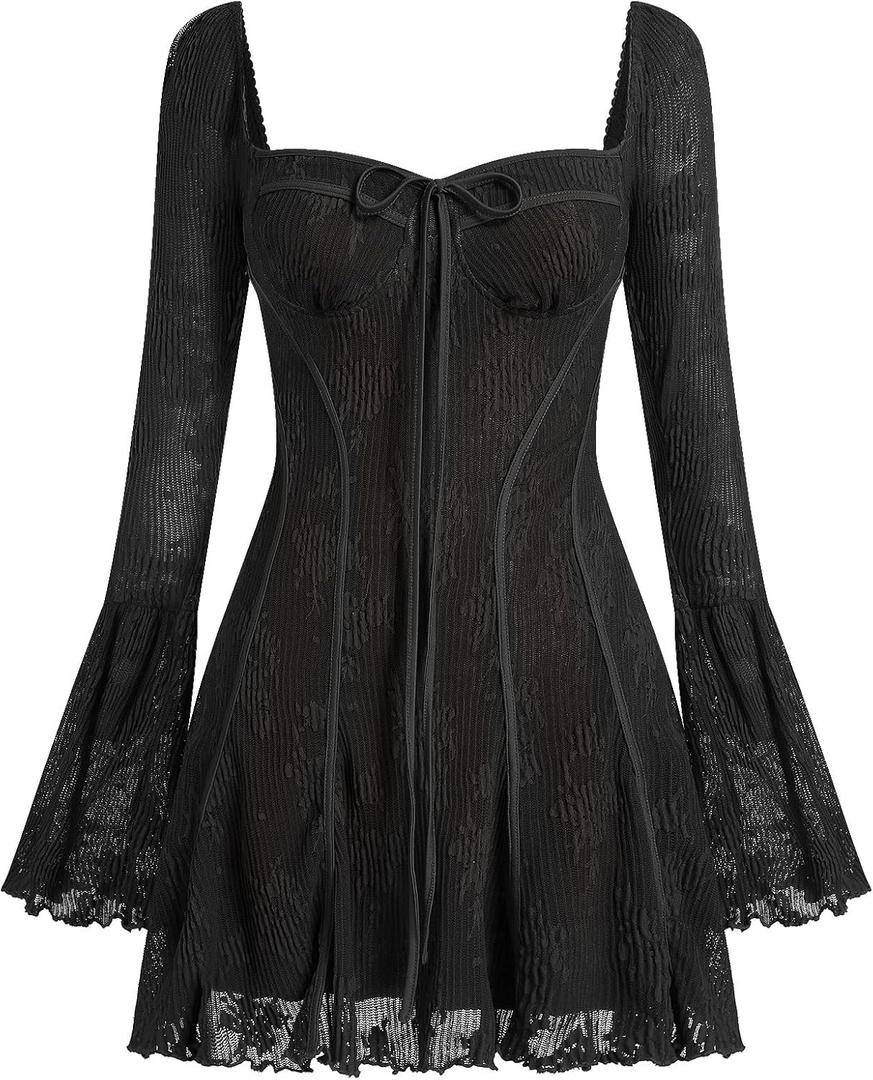 Women's Short Corset Y2k Mini Dress Long Sleeve Low Cut Lace Dress Vintage Solid Floral Party Dresses, M