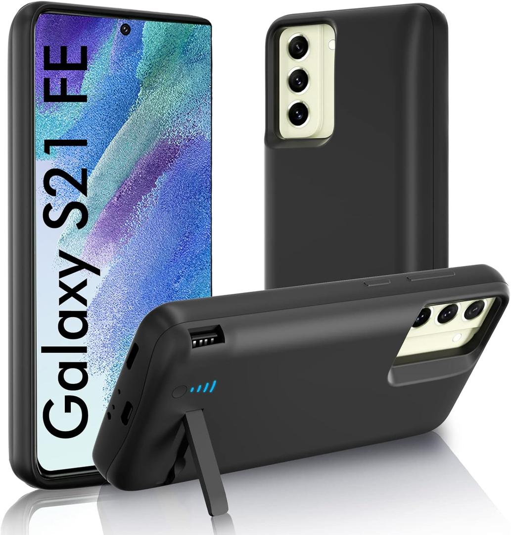 Galaxy S21 FE Battery Case, Real 5000mAh Rechargeable Phone Charging Case with Kickstand & Dual Device Charging & Priority, Extended Backup Charger Cover for Samsung Galaxy S21 fe 5g(6.4") Black