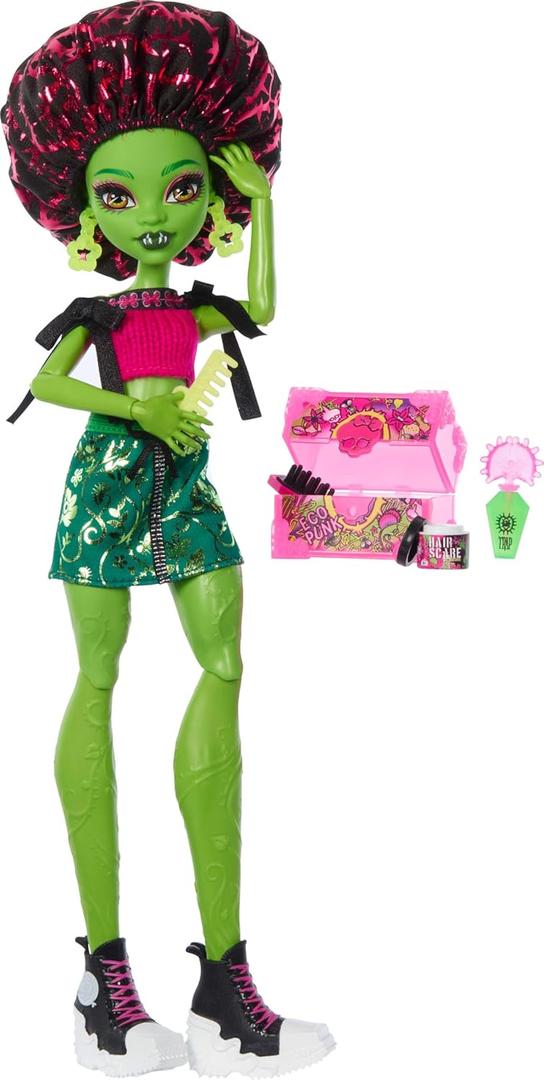 Monster High Self-Scare Secrets Venus McFlytrap Doll and Accessories Set with 13 Realistic Surprises Like Haircare Products, Bonnet and Plant