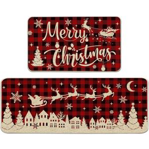 Christmas Kitchen Rugs and Mats Set of 2, Merry Christmas Floor Decor for Home Kitchen, 17x29 and 17x47 Inch