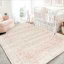 Pink Nursery Rug for Baby Girl 5 x 7 Neutral Blush Pink Boho Cute Floral Foldable Machine Washable Low Pile Soft Surface Carpet Area Rugs for Living Room Bedroom Dorm Kids Playroom,5x7