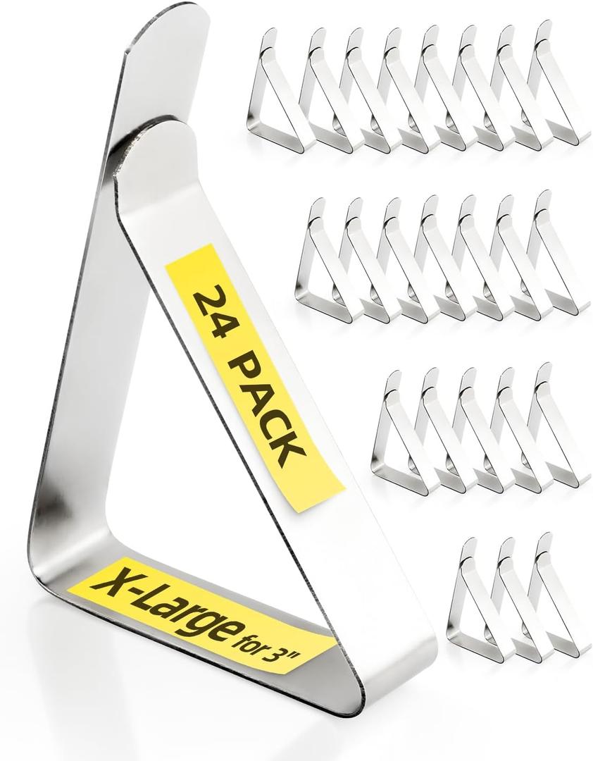 Tablecloth Clips for 3'' Thick Tables - 24 Pack Heavy Duty Stainless Steel Picnic Table Cover Clamps, Silver, X-Large 3.15 in