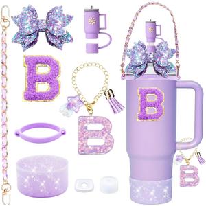 2 x 9PCS Bling Stanley Cup Accessories for 30oz & 40oz Tumbler with handle,Including Initials Charm,Leather Handle Strap,Straw Bow Decorate,Straw Topper,Boot,Spill Proof Stopper,Sticker(Purple B)