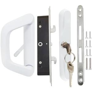 Sliding Patio Door Handle with Mortise Lock and keys, Key Cylinder and Keeper, 4-15/16" Hole Spacing, Sliding Glass Door Replacement Handle for Door Thickness from 1.5" to 2", Need to Drill (White)