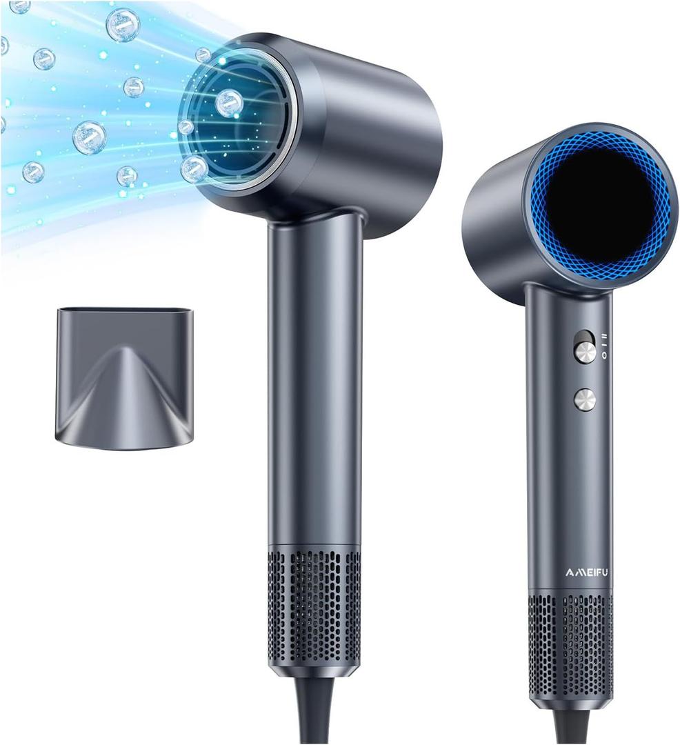 Hair Dryer, 150000 RPM Professional High-Speed Blow Dryer, Negative Ionic Hair Dryer for Fast Drying, Low Noise Thermo-Control HairDryer with Magnetic Nozzle for Home Travel Women Man (Gray)