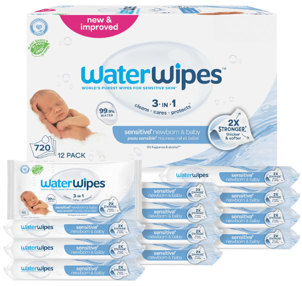 WaterWipes Sensitive+ Newborn & Baby Wipes, 3-In-1 Cleans, Cares, Protects, 99.9% Water, Unscented & Hypoallergenic, 720 Count (12 Packs)