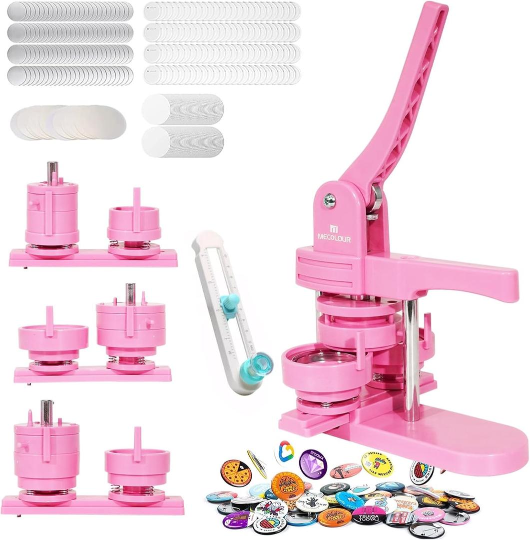 MECOLOUR Button Maker Machine Multiple Sizes 1.26+1.73+2.28 inch Pin Maker Machine,150pcs Button Badge Making Supplies,Button Press Machine for DIY Personalized Pinback Buttons Children DIY Gift(Pink)