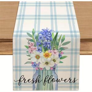 2 x Buffalo Grid Blue Flower Vase Spring Table Runner , Seasonal Summer Table Decoration for Kitchen Dinning Holiday Home Party Decor 13x72 Inch
