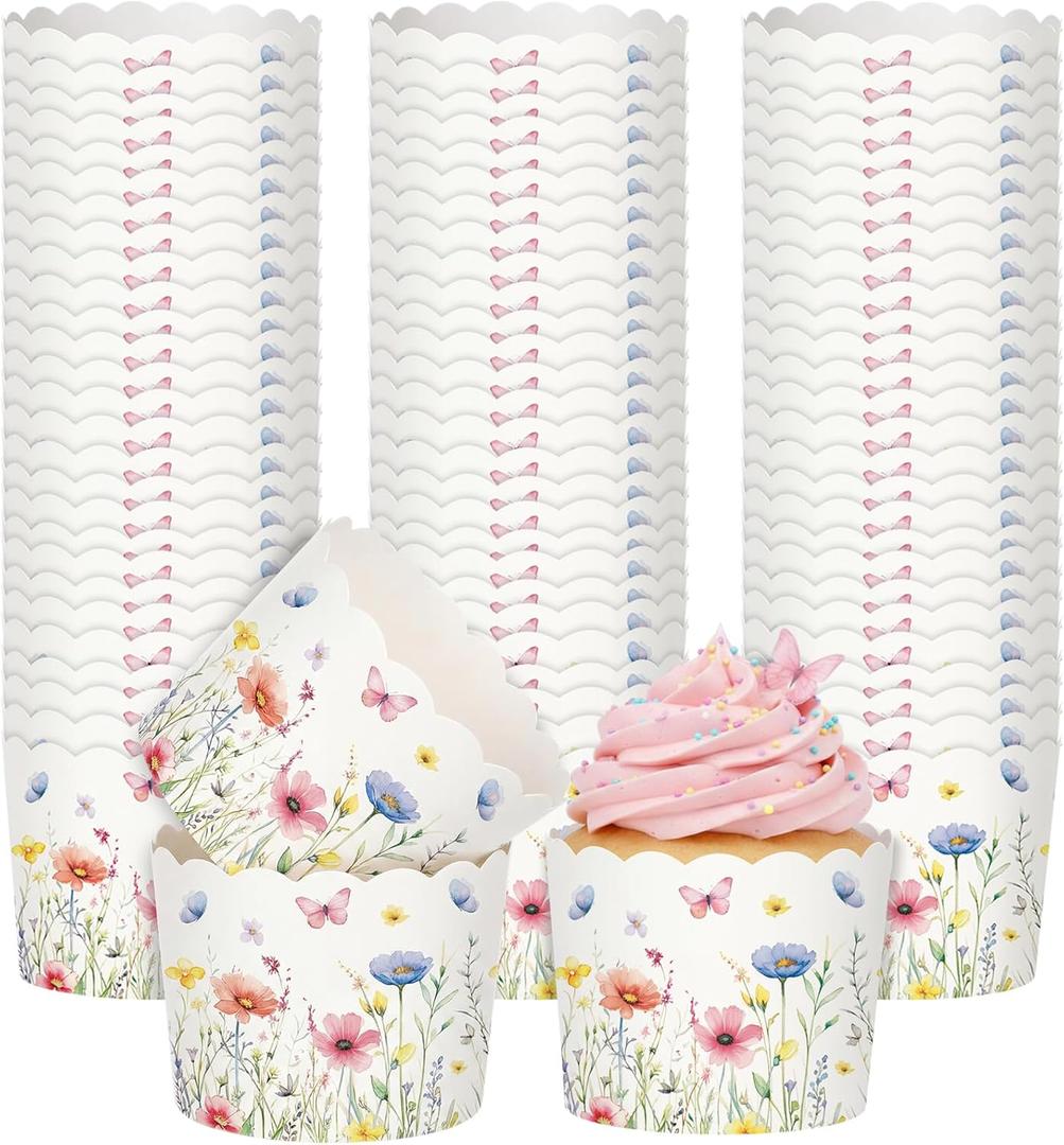 Qinyoung 150 Pcs Wildflower Cupcake Wrappers Liners Floral Paper Baking Cups Greaseproof Disposable Scalloped Flower Cupcake Muffin Cases for Spring Summer Wedding Baby Shower Birthday Tea Party Decor