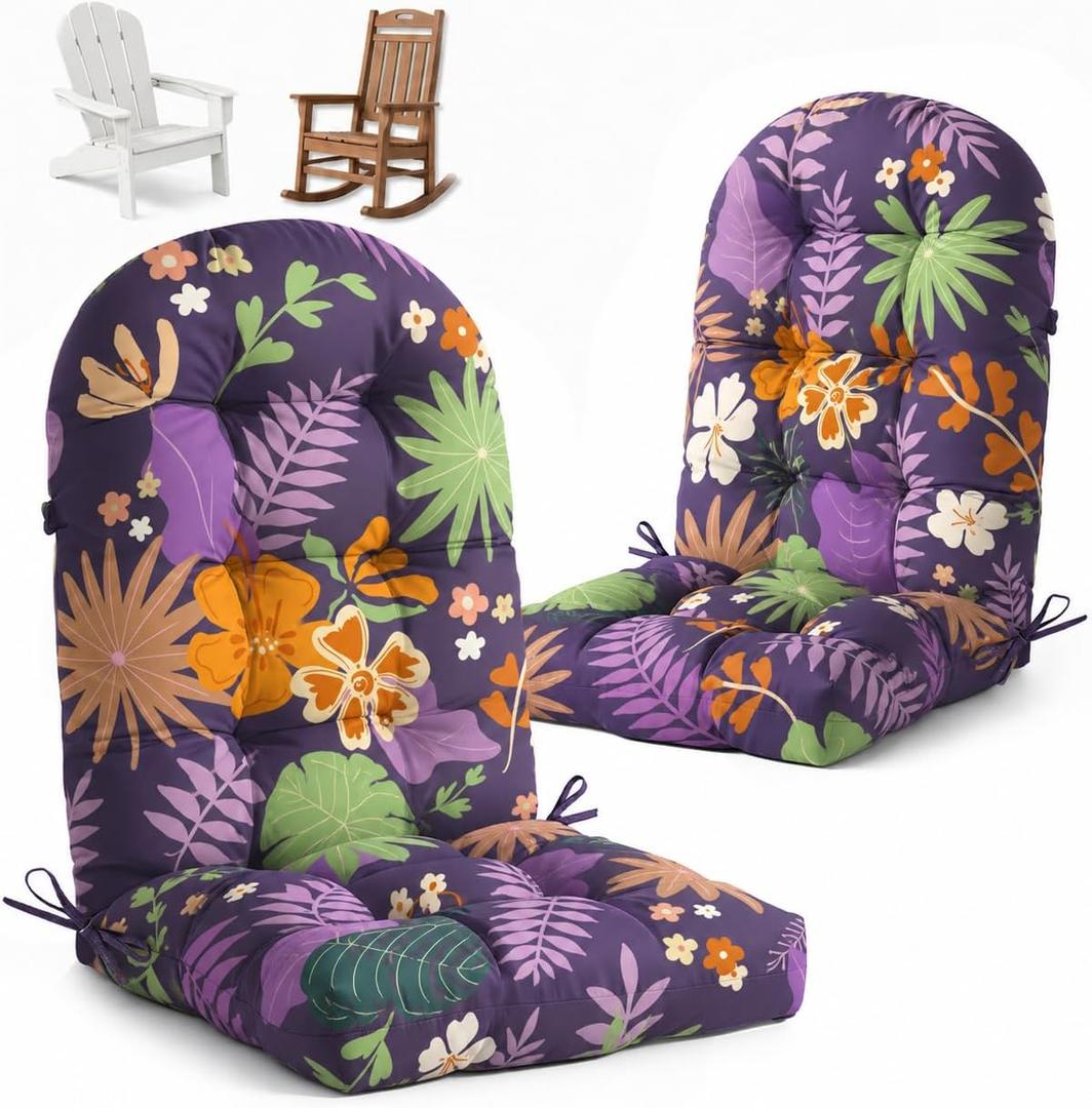 2 Pack Adirondack Chair Cushion Waterproof Indoor Outdoor Rocking Chair Cushion 44 Inches Patio High Back Chair Cushions Thickened Adirondack Rocking Chair Cushions with Ties, Purple Flower Leaves