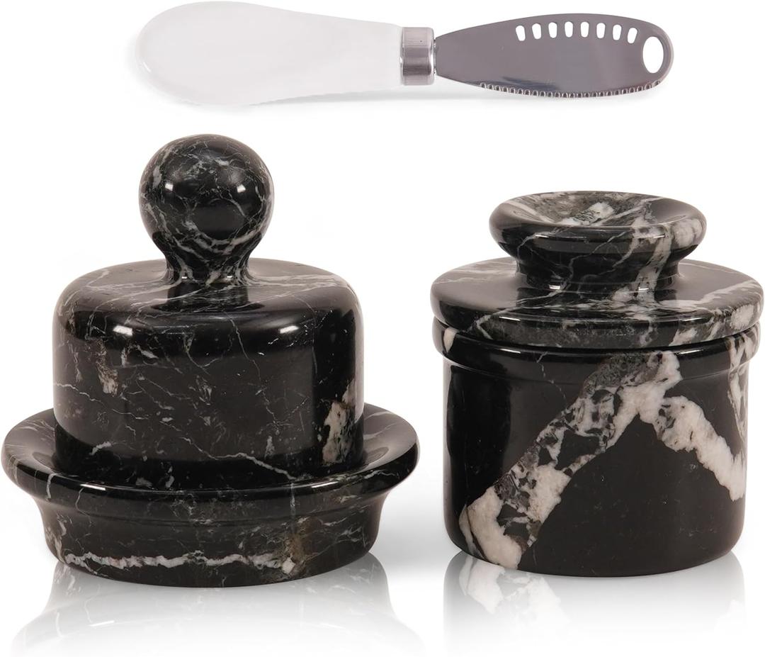 Marble Butter Keeper and Butter Dish Set with Lid, Black Zebra Countertop Storage for Spreadable Butter, Elegant Kitchen Decor and Table Use