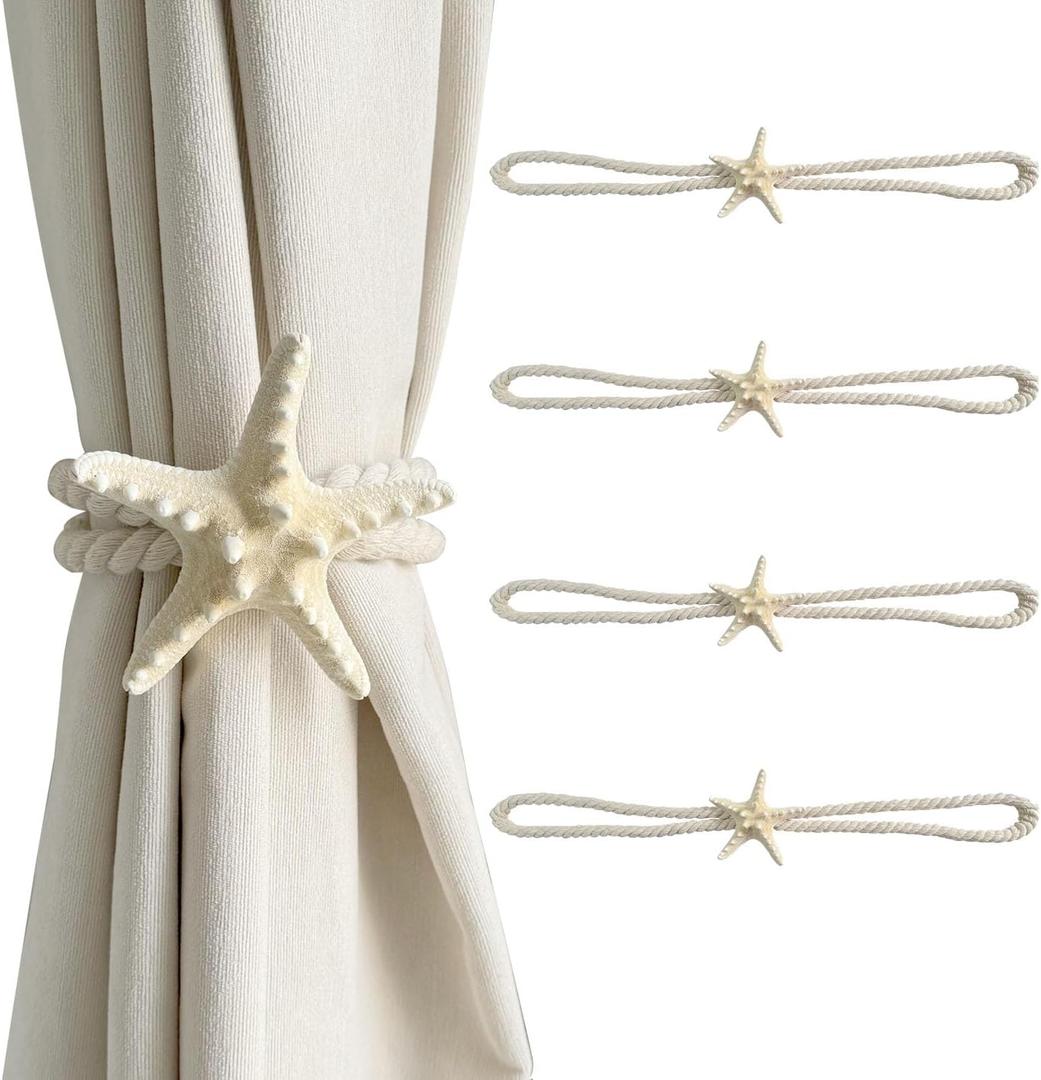 4 Pcs Natural Starfish Curtain Tiebacks, Handmade Woven Rope Curtain Ties Scandinavian Minimalist Style Curtain Spreader for Outdoor, Hotel, Bedroom, Curtain Decoration (Knobby Starfish)